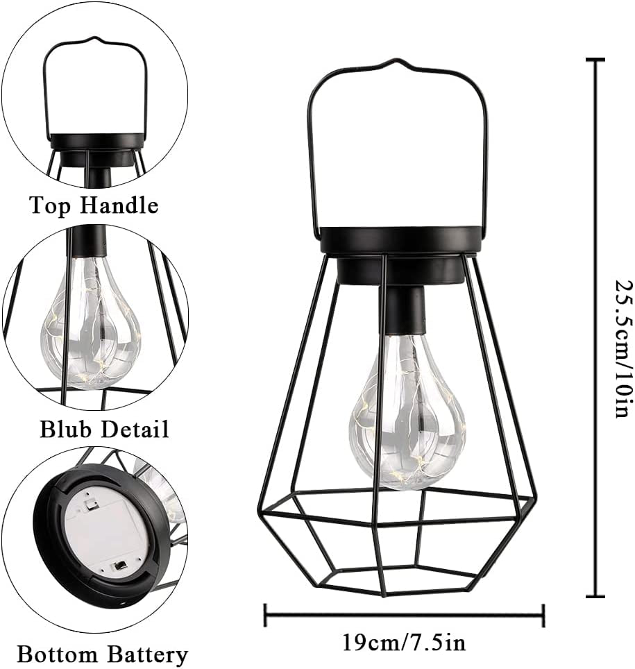 Diamond Metal Cage Table Lamp Battery Powered Hanging Lanterns, Cordless Lamp with LED Edsion Style Bulb for Weddings,Parties,Patio,Events for Indoors/Outdoors (Hanging Hook Included)