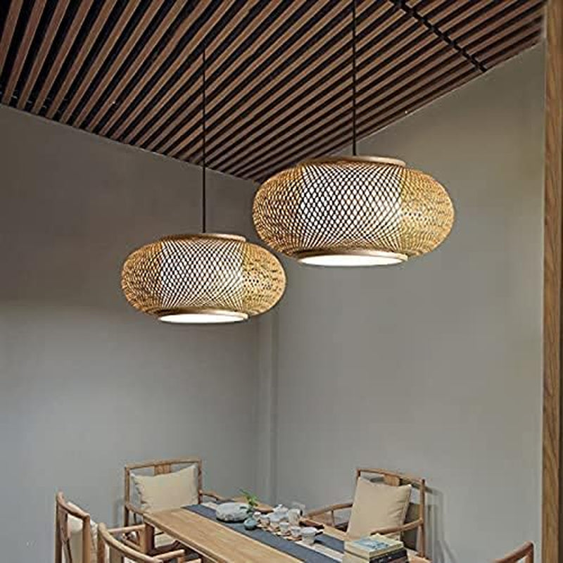 Antique Lantern Pendant Lighting Rattan Single Light Weaving Natural Wooden Ceiling Hanging Light Beige Bamboo Ceiling Fixture with Adjustable Cord for Dining Room Living Room Restaurant - 16"