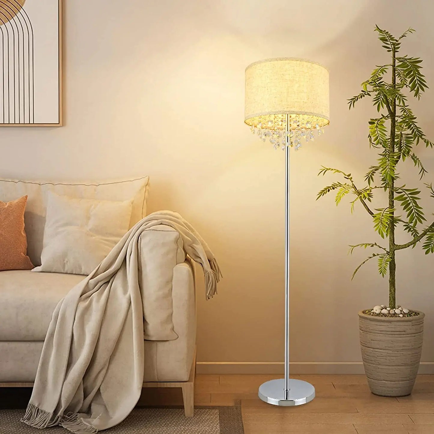 DLLT Crystal Floor Lamp for Living Room Modern Standing Lamp for Bedroom, Chrome Finish 64” Tall Pole LED Floor Lamp, 9W Bulb Included, Fabric Shade, Silver