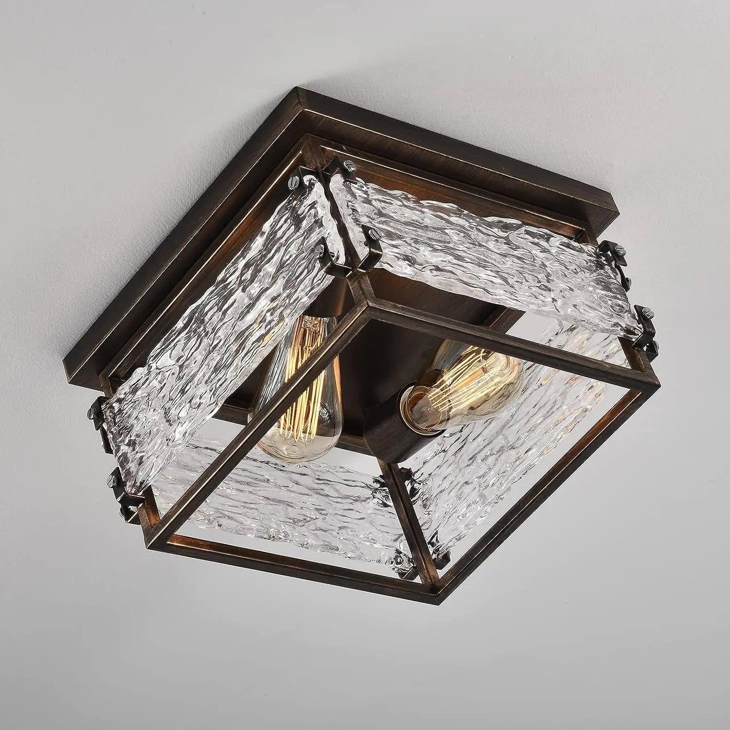 Flush Mount Ceiling Light Fixture, 2-Light Industrial Light Fixtures Brass Crystal Glass Seed Ceiling Lights for Farmhouse,Kitchen,Bedroom,Bathroom,Etc