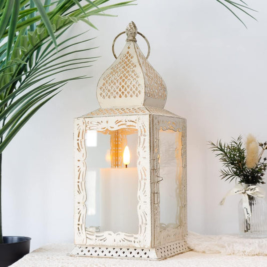 Decorative Lanterns 13''H Metal Candle Lanterns Vintage Style Hanging Lantern for Indoor Outdoor Events Parities Weddings (White with Gold Brush)