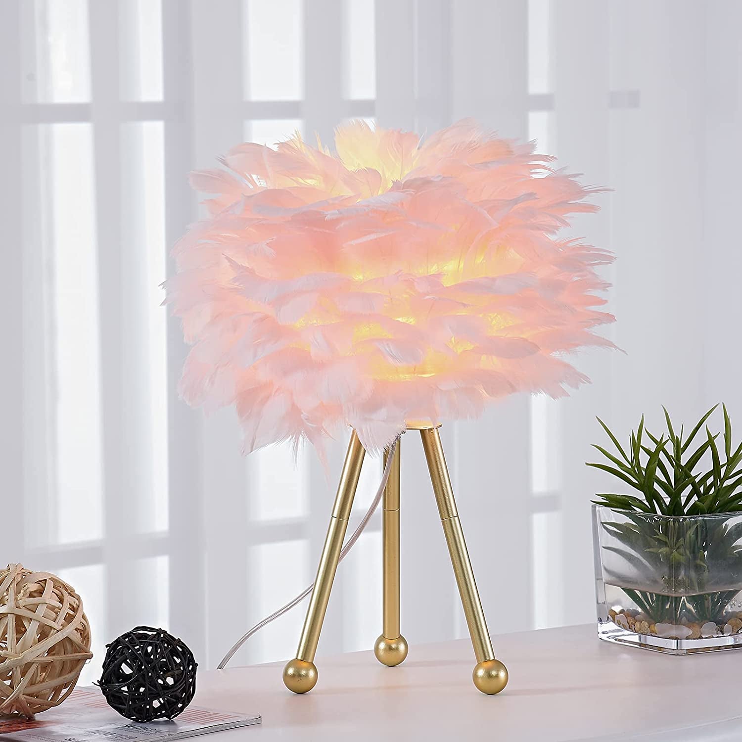 Maxax Tripod Table Lamp, Pink Feather Bedside Lamp, Nightstand Lamp with Gold Finish for Bedrooms/Living Room/Dining Room/Kitchen, 14.5 Inches