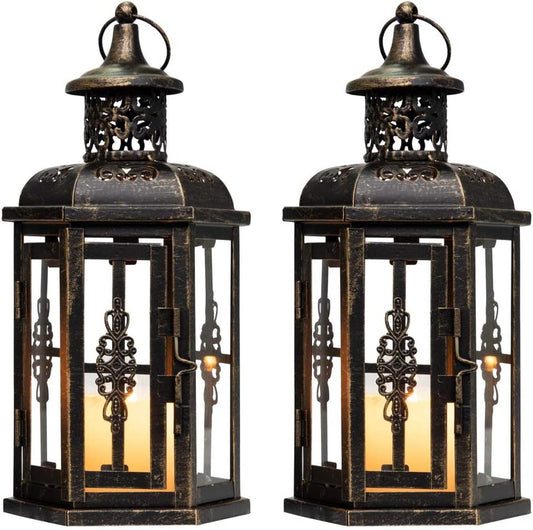 Set of 2 Decorative Lanterns -10 Inch High Vintage Style Hanging Lantern Metal Candleholder Black with Gold Brush