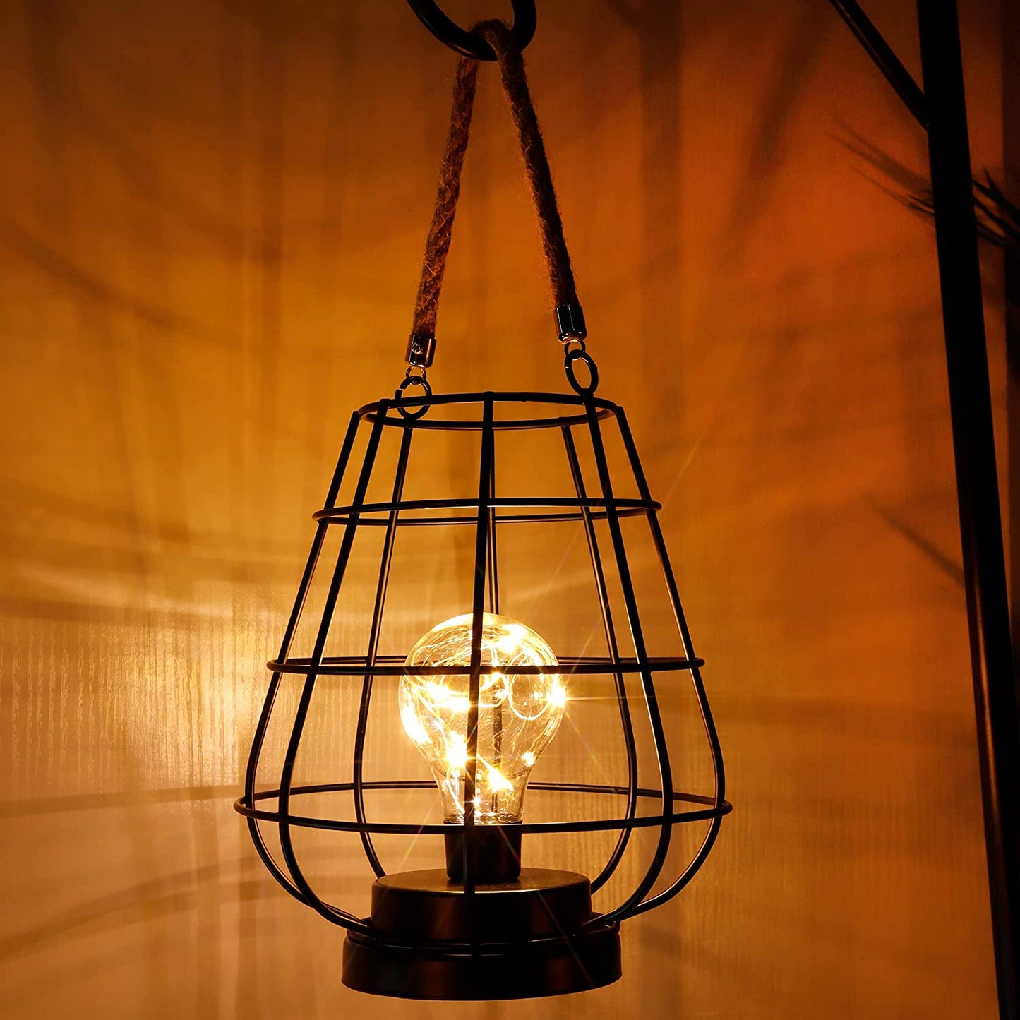 8.5" Cage Bulb Lantern Decorative Lamp Battery Powered Cordless Accent Light with Warm White Fairy Lights LED Edison Bulb Lamp for Living Room Bedroom Kitchen Wedding(Black)