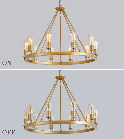 SUE 10-Lights Large round Gold Modern Wagon Wheel Chandelier, Luxury Industrial Island Pendant Light Fixture for Living Room Foyer Entryway Chain Adjustable UL Listed