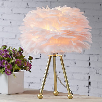 Maxax Tripod Table Lamp, Pink Feather Bedside Lamp, Nightstand Lamp with Gold Finish for Bedrooms/Living Room/Dining Room/Kitchen, 14.5 Inches