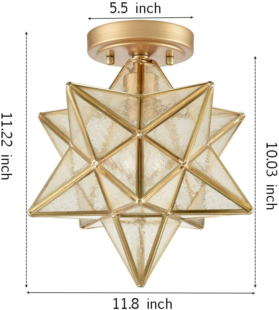 12-Inch Moravian Star Ceiling Light Brass Boho Moroccan Lamp with Seeded Glass Shade