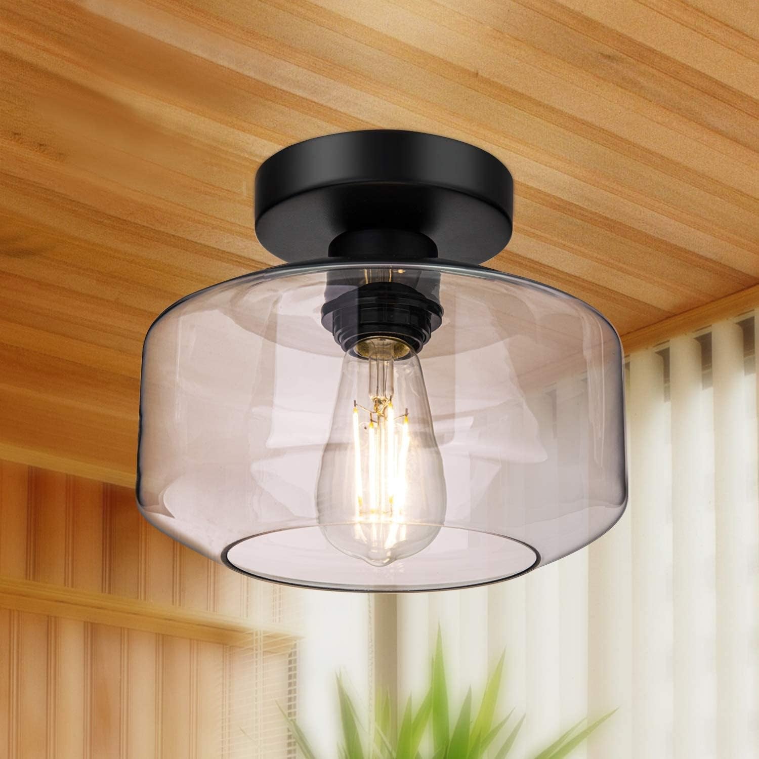 Semi Flush Mount Ceiling Light, 900 Lumen LED Bulb Included, Ceiling Light Fixture, Farmhouse Light Fixture with Clear Glass Lamp Shade for Bedroom Hallway Dining Room Bathroom Corridor Passway