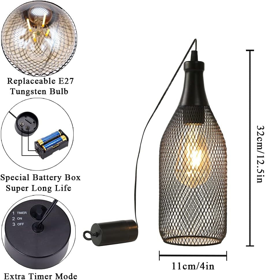 Hanging Lamp Black Battery Powered Decorative Pendant Lamp Metal Cage Battery Lamp with 6 Hours Timer for Bar Bedroom Garden Parties Patio Indoor Outdoor Living Room(Wine Bottle Shaped)