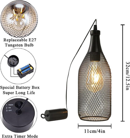 Hanging Lamp Black Battery Powered Decorative Pendant Lamp Metal Cage Battery Lamp with 6 Hours Timer for Bar Bedroom Garden Parties Patio Indoor Outdoor Living Room(Wine Bottle Shaped)