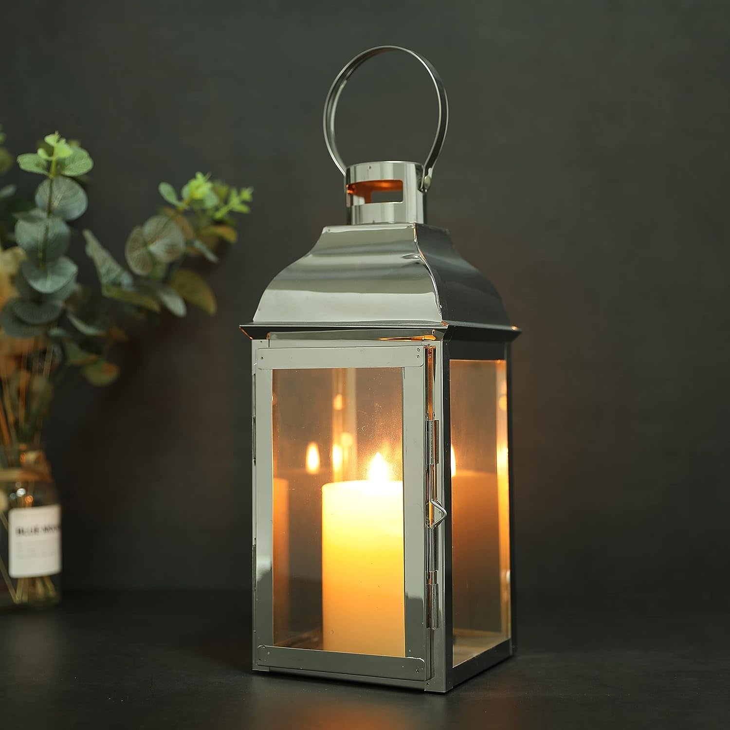 Silver Decorative Lanterns 12.5''High Stainless Steel Candle Lanterns with Tempered Glass for Indoor Outdoor Events Parities and Weddings Vintage Style Hanging Lamps