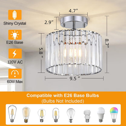 Semi Flush Mount Ceiling Light, Modern Crystal Ceiling Light Fixture, 9.5 Inch Small Crystal Chandeliers for Living Room Hallway Bedroom Kitchen Porch Entryway with E26 Base, Silver