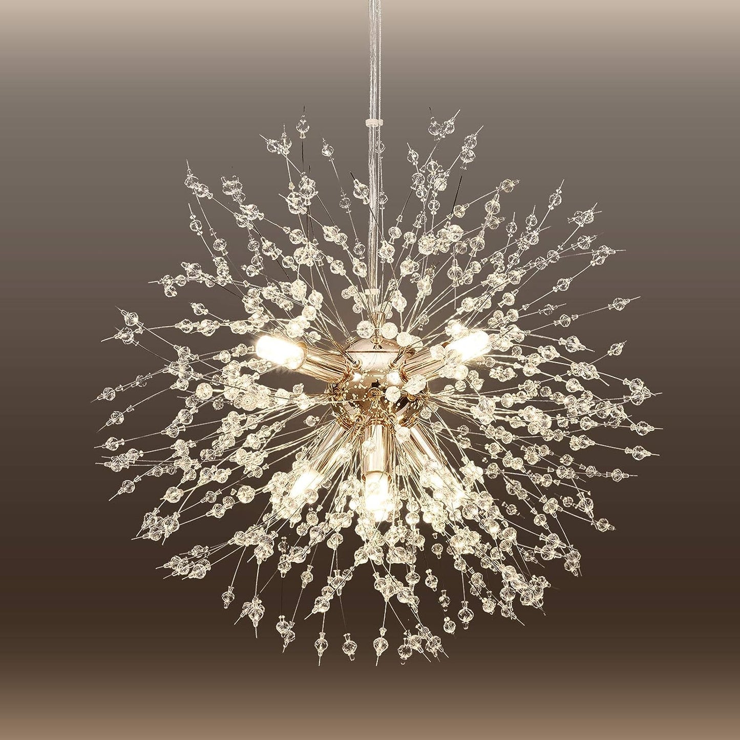 Chandelier Modern Crystal Pendant Lighting, Gold Dandelion Firework Chandelier 8-Light Ceiling Pendant Lamp for Dining Room, Bedroom, Kitchen, Living Room (Dia 15.8 Inch)