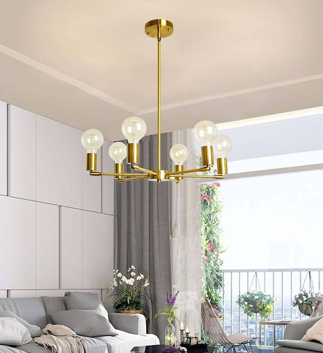 BAODEN 6-Lights Fixture Modern Gold Sputnik Chandelier Brushed Brass Mid Century Pendant Light Semi Flush Mount Hanging Lamps for Dining Bedroom Kitchen Lighting