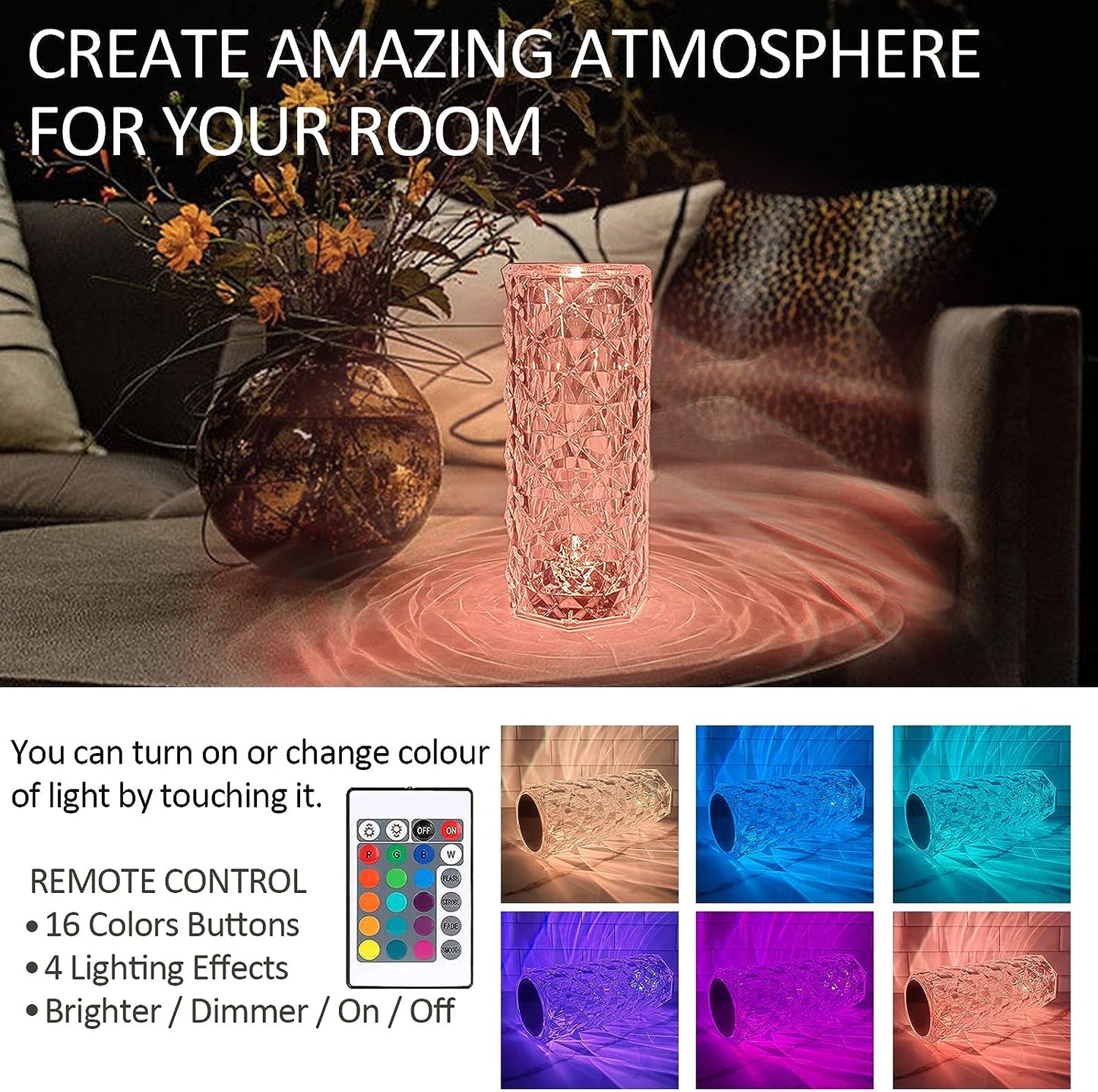 Pendtlit Crystal Table Lamp with Touch Control and Remote Control, 16 Colors Changing USB Charging Night Light Rose Diamond Acrylic Crystal Romantic Nightstand Lamp for Bedroom Living Room