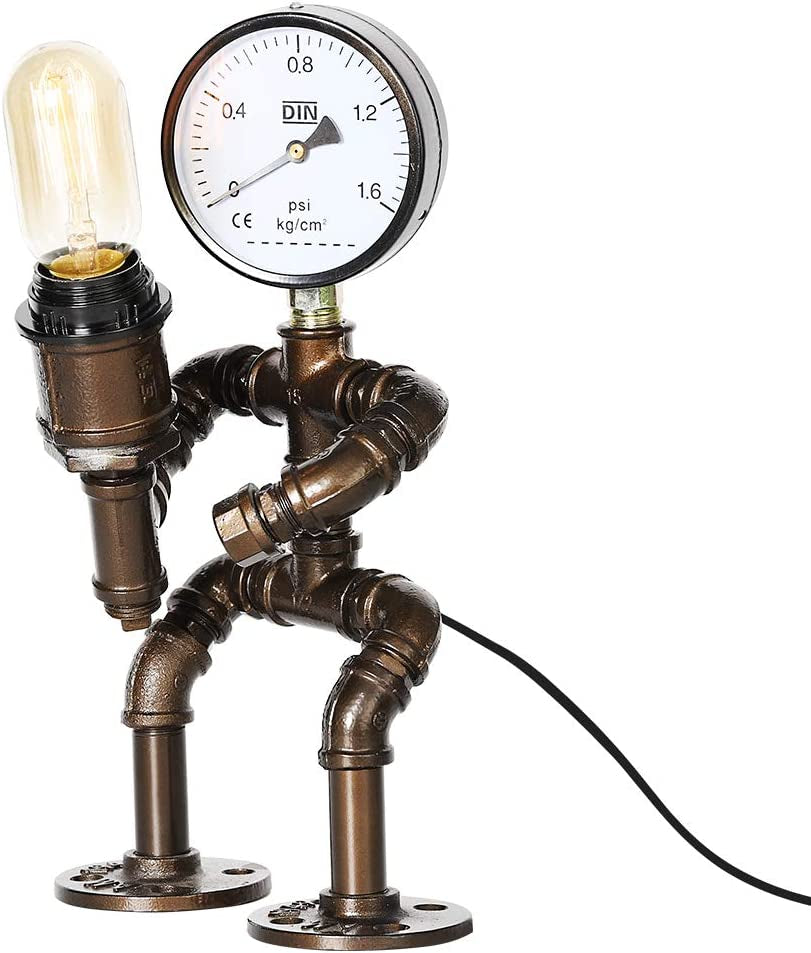 Industrial Table Lamp -Retro Steam Punk Robot Lamp with a Water Meter Decor,Creative Fun Water Pipe Desk Lamp for Bedrooms,Bar, Restaurant (Not Include Bulb)
