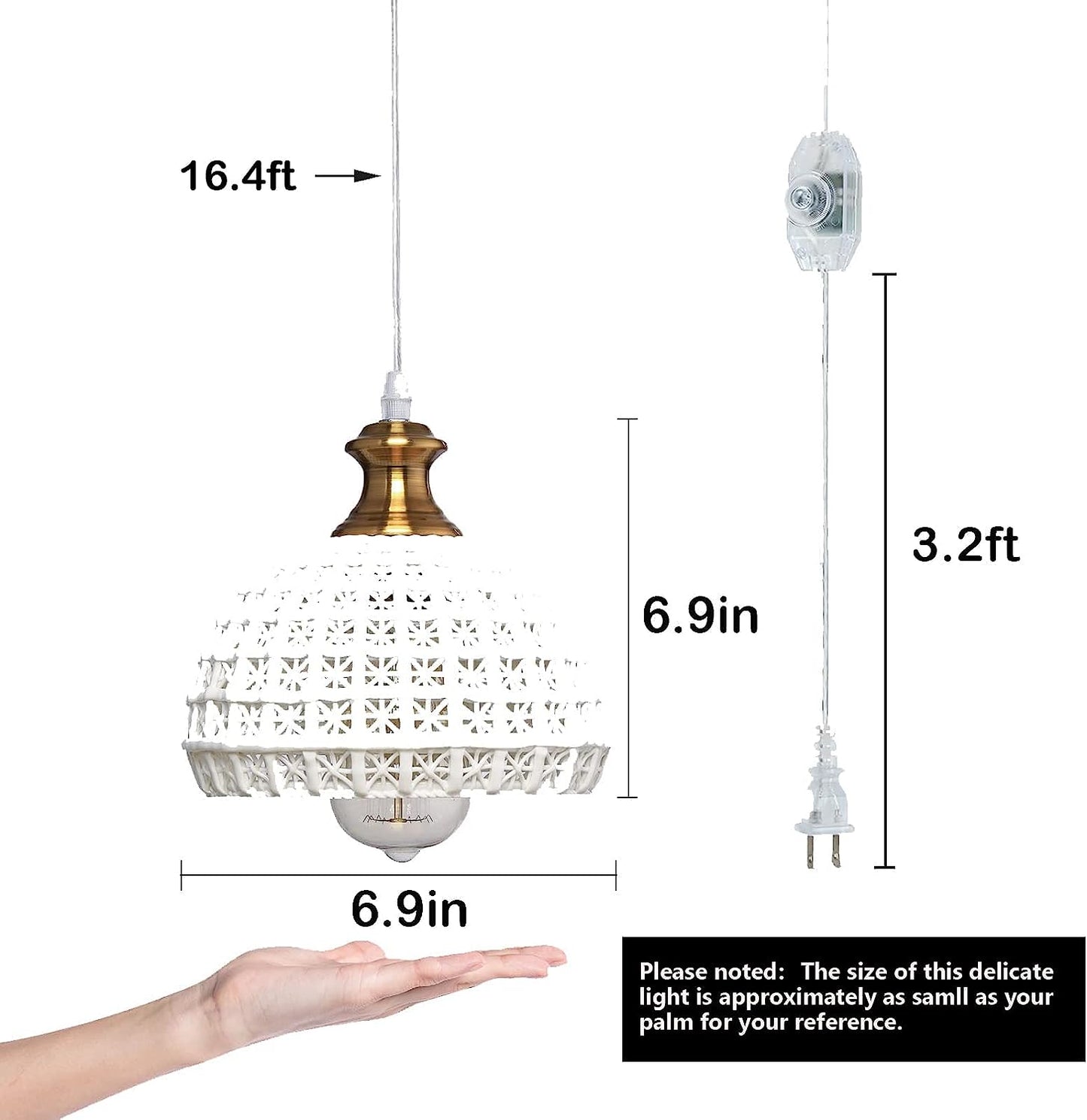 HMVPL Pendant Lights Kitchen Island,Plug in Pendant Light Fixtures with Cord,Small Hanging Plug in Light with Dimmable Switch&Ceramic Shade,White Plug Chandelier for Dining Room Hallway Foyer Bedroom