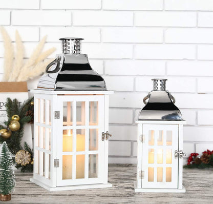 Set of 2 White Wood Decorative Candle Lanterns 18"&12" High Wood Lanterns for Indoor Outdoor Events Parities and Weddings Vintage Style Hanging Lantern (White Wood, Silver Stainless Steel)