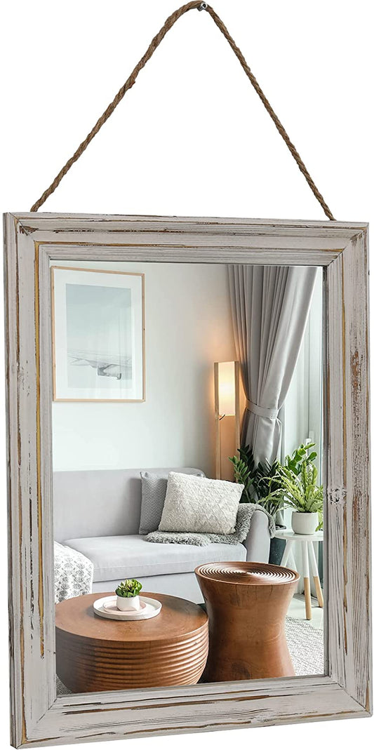 Decorative Rustic Mirror for Walls - 16X12 Inch Wood Framed Mirror with Hanging Rope Enhances Your Farmhouse Decor – the Perfect Addition to Your Bedroom, Bathroom or Entryway
