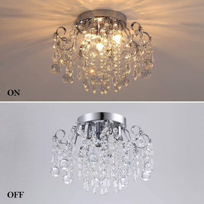 Q&S Small Crystal Chandelier Flush Mount Ceiling Light 3 Lights Modern Chrome Iron Raindrop Crystal Ceiling Fixture for Bedroom Hallway Closet Entryway Stairs