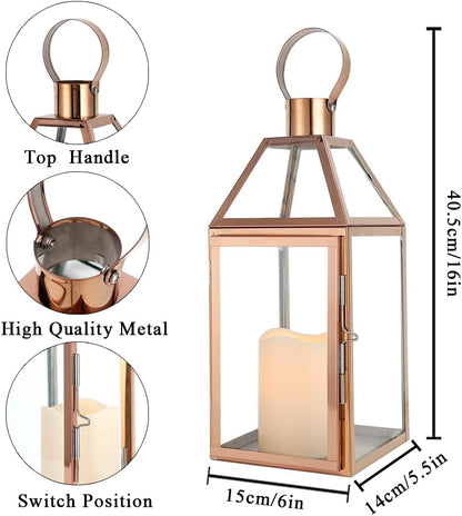 Rose Gold Decorative Lanterns 16 Inch High Stainless Steel Candle Lanterns with Tempered Glass for Indoor Outdoor Events Parities and Weddings