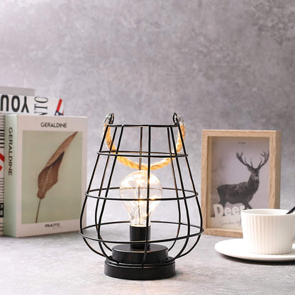 8.5" Cage Bulb Lantern Decorative Lamp Battery Powered Cordless Accent Light with Warm White Fairy Lights LED Edison Bulb Lamp for Living Room Bedroom Kitchen Wedding(Black)