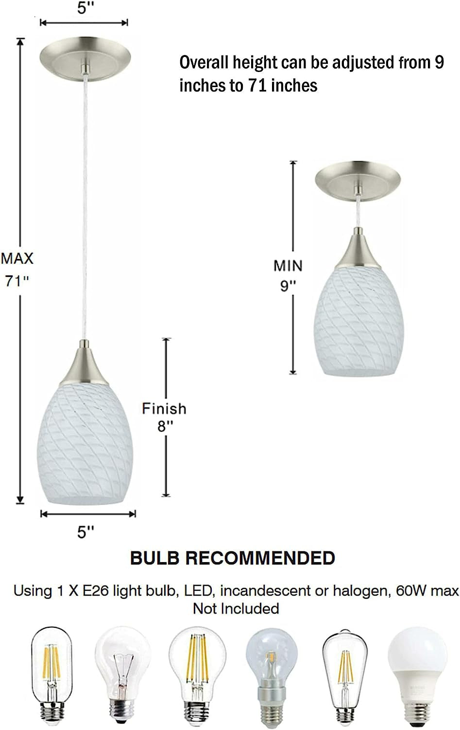 Contemporary Pendant Light with White Glass Shade and Brushed Nickel Finish My Store