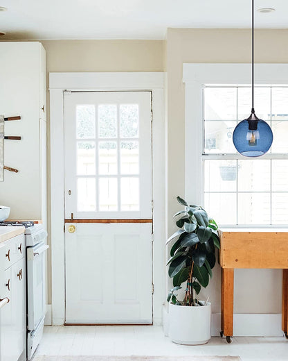 Pendant Lights Kitchen Island Hand Blown Glass Modern Light Fixtures Ceiling Hanging Blue Globe Seeded Bubbles Brushed Nickel 7.4 Inch Diam