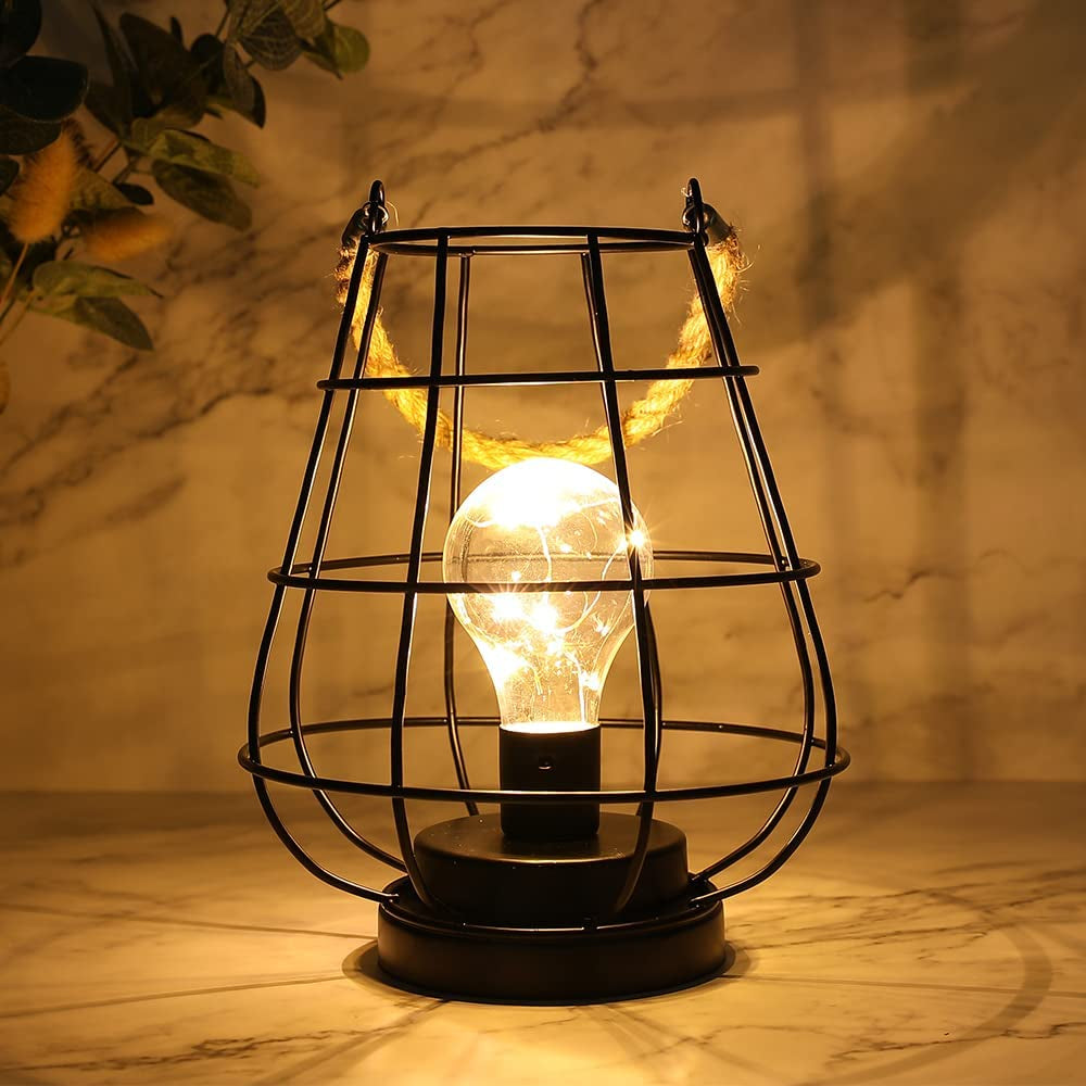 8.5" Cage Bulb Lantern Decorative Lamp Battery Powered Cordless Accent Light with Warm White Fairy Lights LED Edison Bulb Lamp for Living Room Bedroom Kitchen Wedding(Black)