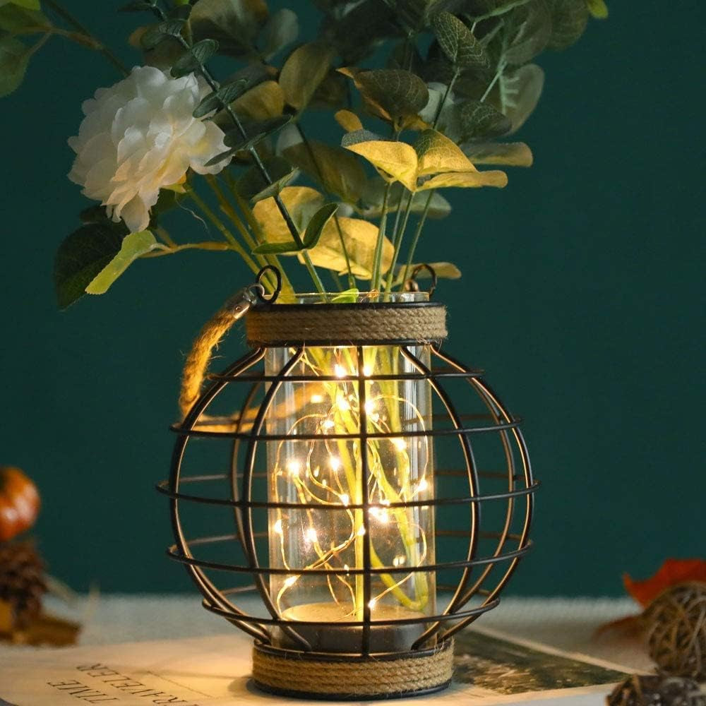 Metal Cage LED Lantern Battery Powered,7.3" Tall Cordless Accent Light with 20Pcs Fairy Lights.Great for Weddings, Parties, Patio, Events for Indoors/Outdoors.
