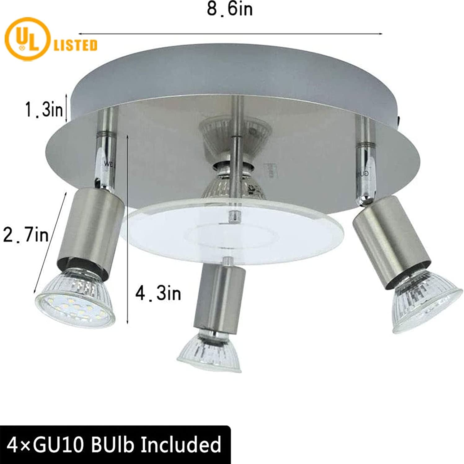 DLLT Modern Ceiling Spot Lights Fixtures 4-Light round Flush Mount Directional Lighting, Adjustable Track Lighting Kits for Kitchen Hallway Living Room, Warm White GU10 Bulbs Included, Nickel Steel