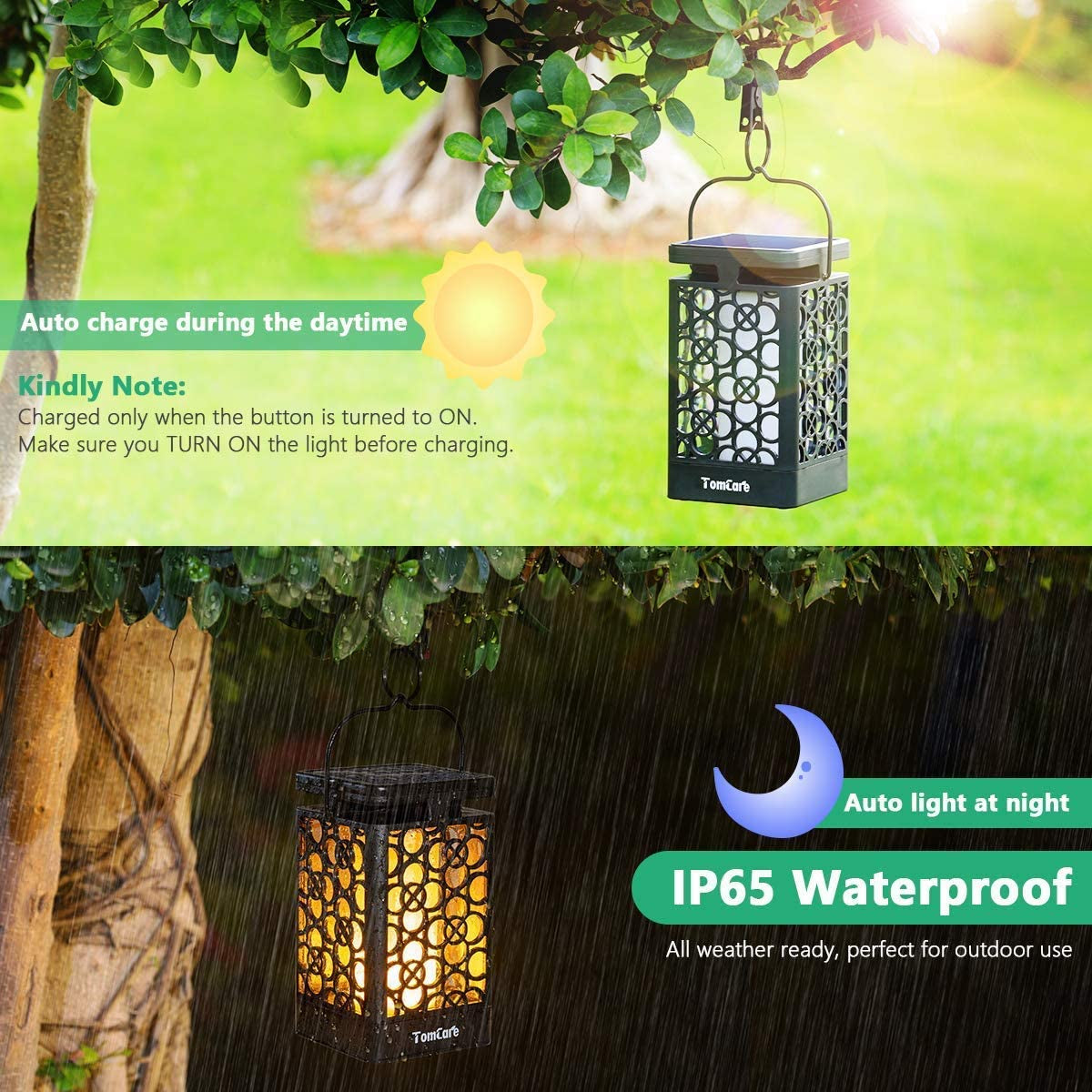 Enhance your outdoor space with solar lanterns. Waterproof, flickering flame lights powered by solar energy. Ideal for patio, deck, and yard. Set of 2