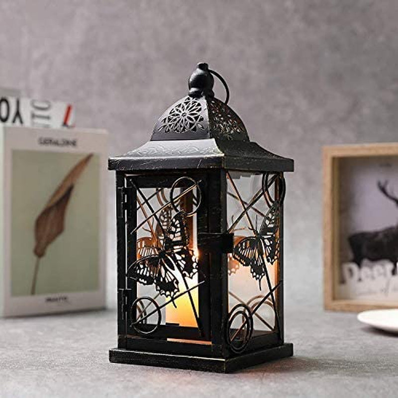 Butterfly Decorative Candle Lanterns 9.5" High Rustic Black Metal Lantern Candle Holder for Home Decor Indoor Outdoor Events Parties and Weddings (Black with Gold Brush)