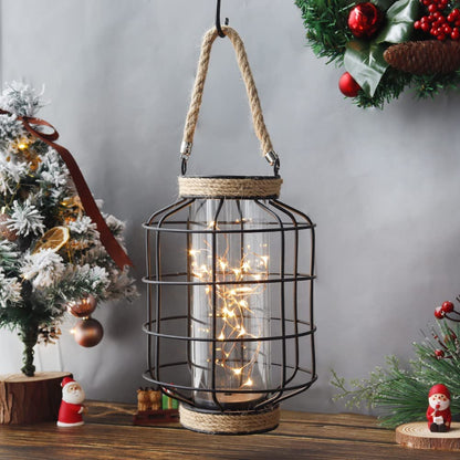 Metal Cage LED Lantern Battery Powered,9.4" Tall Cordless Accent Light with 20Pcs Fairy Lights Christmas Lights for Weddings Parties Patio Events Indoors Outdoors
