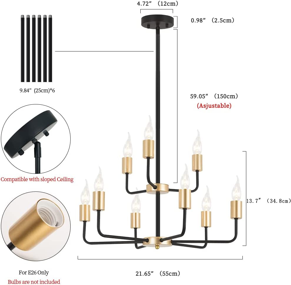 9-Light Modern Metal Candle Cascading Chandelier,Gold and Black Tiered Chandelier Light Fixture for Living Room,Dining Room,Kitchen,Bedroom,Hallway,Stair,Foyer