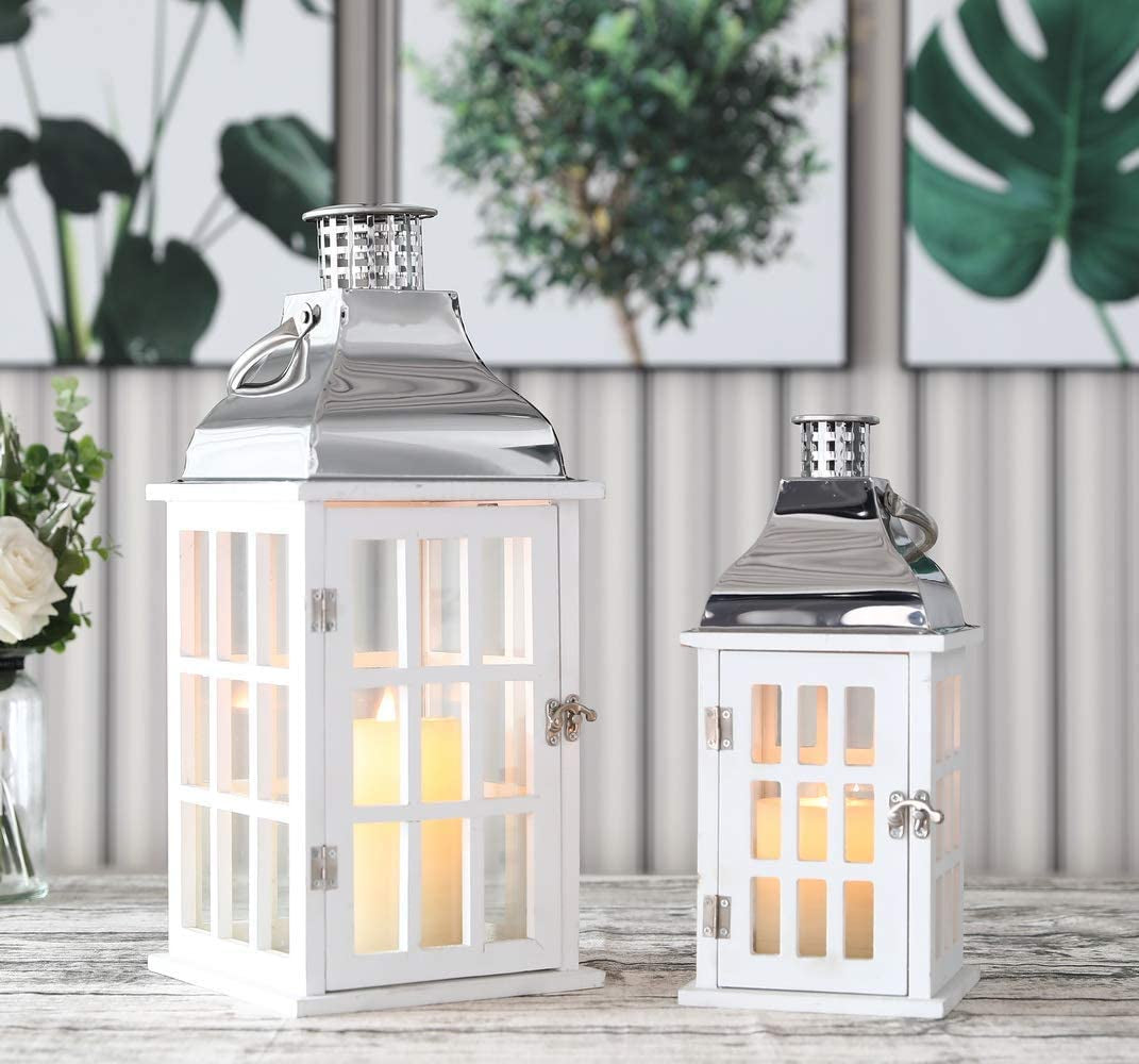 Set of 2 White Wood Decorative Candle Lanterns 18