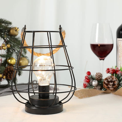 8.5" Cage Bulb Lantern Decorative Lamp Battery Powered Cordless Accent Light with Warm White Fairy Lights LED Edison Bulb Lamp for Living Room Bedroom Kitchen Wedding(Black)