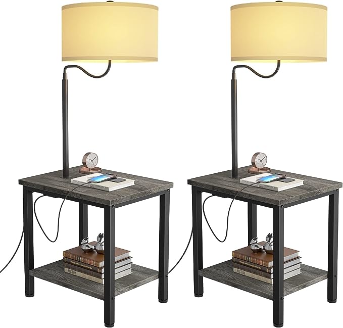 Bedside Nightstand End Table with Reading Light, Black Oak theluminousdecor
