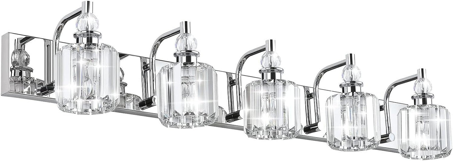 Modern chrome crystal vanity light for stylish bathroom illumination with elegant design and bright lighting.