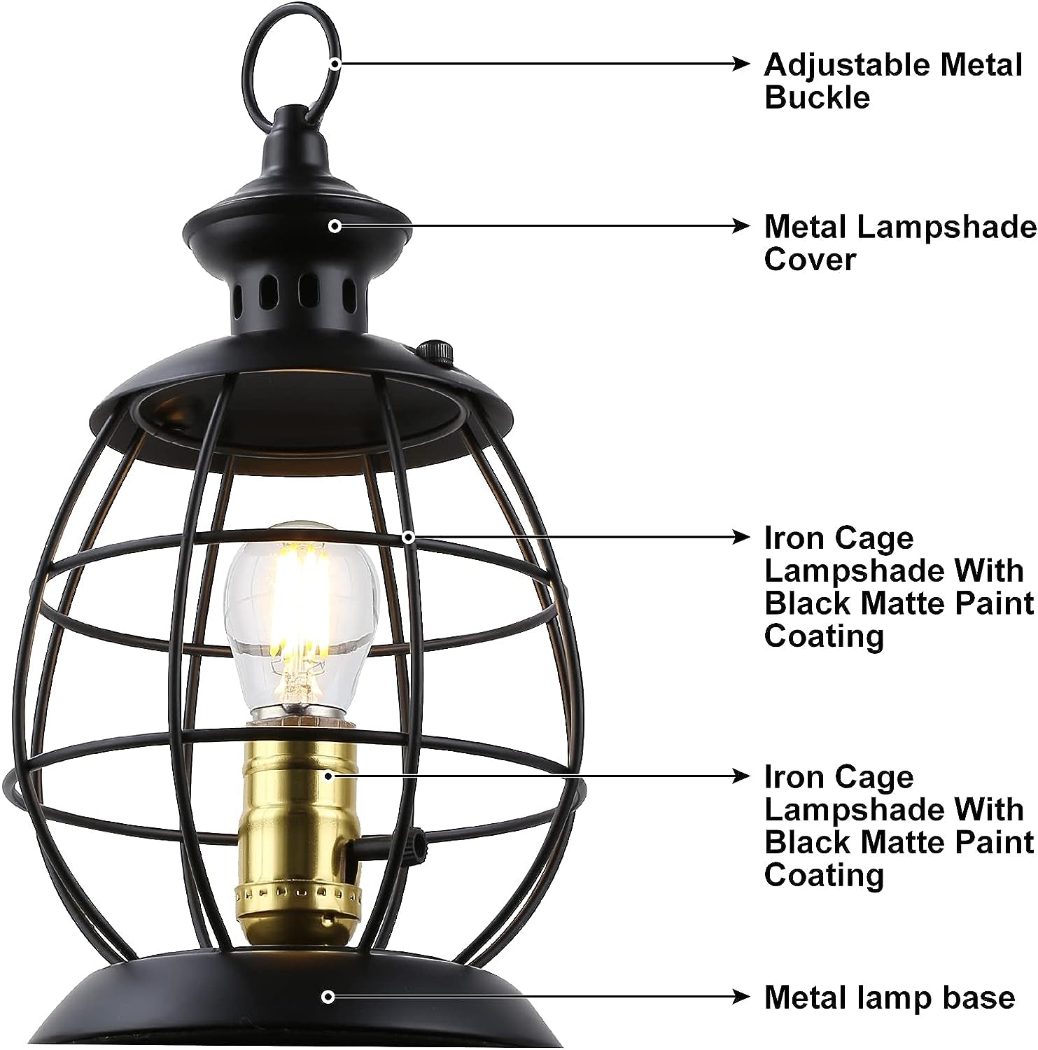 Antique Industrial Electric Lantern Table Lamp for Bedroom Bedside, Metal Cage Shade Reading Desk Lamp with Hanging Hoop for Living Room, Modern Retro Mid-Century Farmhouse Décor Black(No Bulbs)