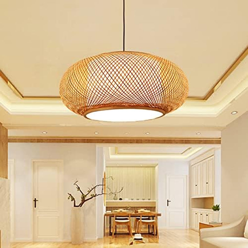 Antique Lantern Pendant Lighting Rattan Single Light Weaving Natural Wooden Ceiling Hanging Light Beige Bamboo Ceiling Fixture with Adjustable Cord for Dining Room Living Room Restaurant - 16"