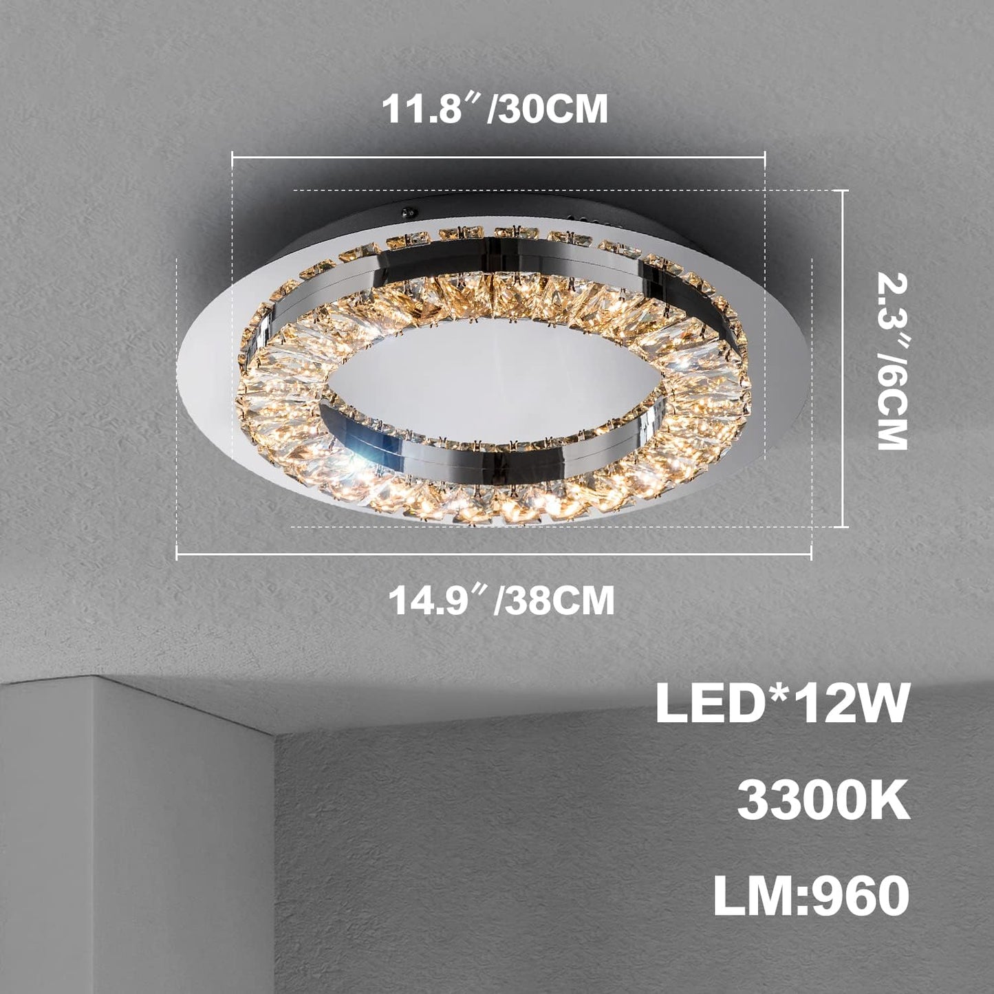 Crystal Ceiling Light Fixture for Closet/Close to Ceiling Light Fixtures Flush Mount 3300K LED Modern round 15" Surface Chandelier for Bedroom Hallway Stairwell Living Dining Room Lighting