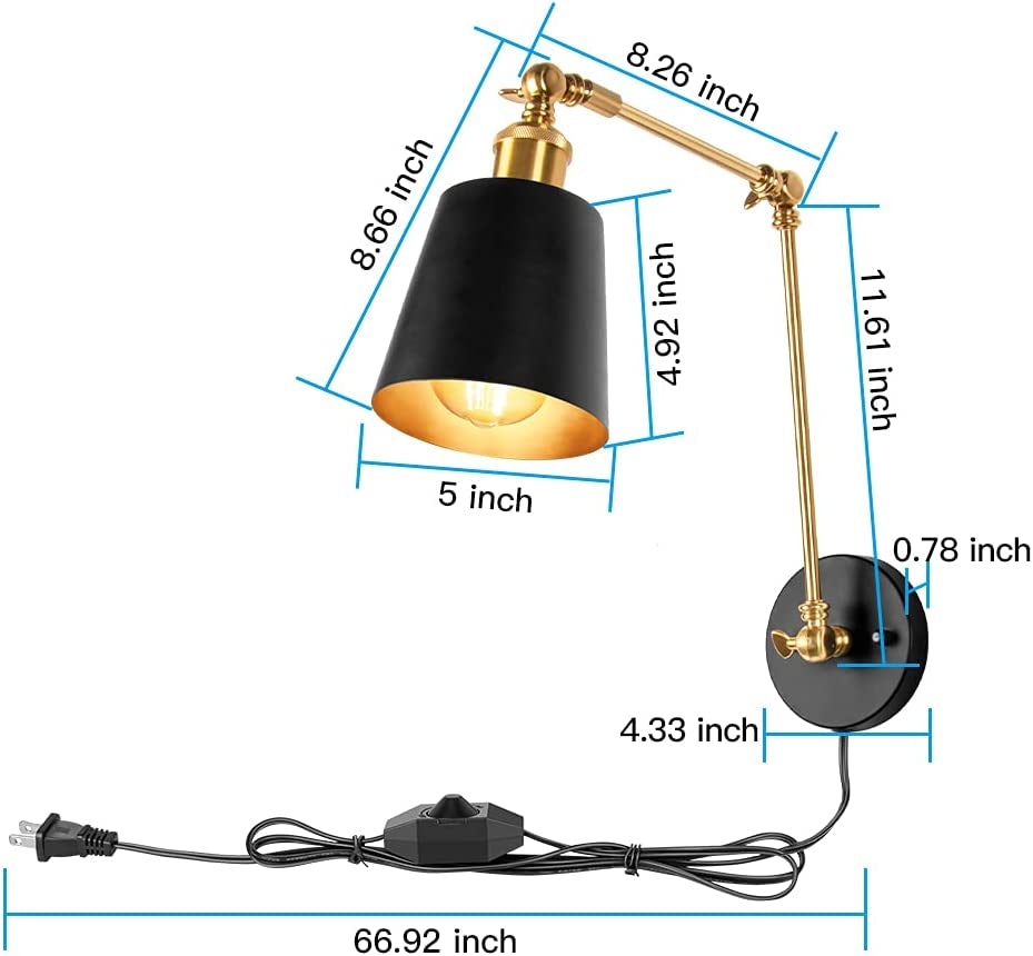 Plug in Wall Sconces Set of 2,  Swing Arm Wall Lamps Black and Brass, Vintage Industrial Wall Mounted Light Fixtures with Dimmable Switch for Bedroom Living Room Vanity Study Desk Office Hallway