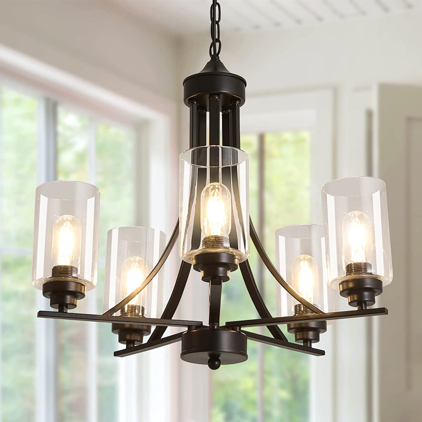 Black 5-Lights Glass Chandelier,Rustic Metal Pendant Lighting,Ceiling Light Fixtures Hanging for Farmhouse Kitchen Living Room Foyer Dining Room.