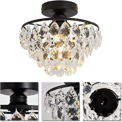 Modern Small Crystal Ceiling Light Fixture Mini Black Semi Flush Mount Chandelier Light Fixture for Hallway Bedroom Bathroom Closet E26