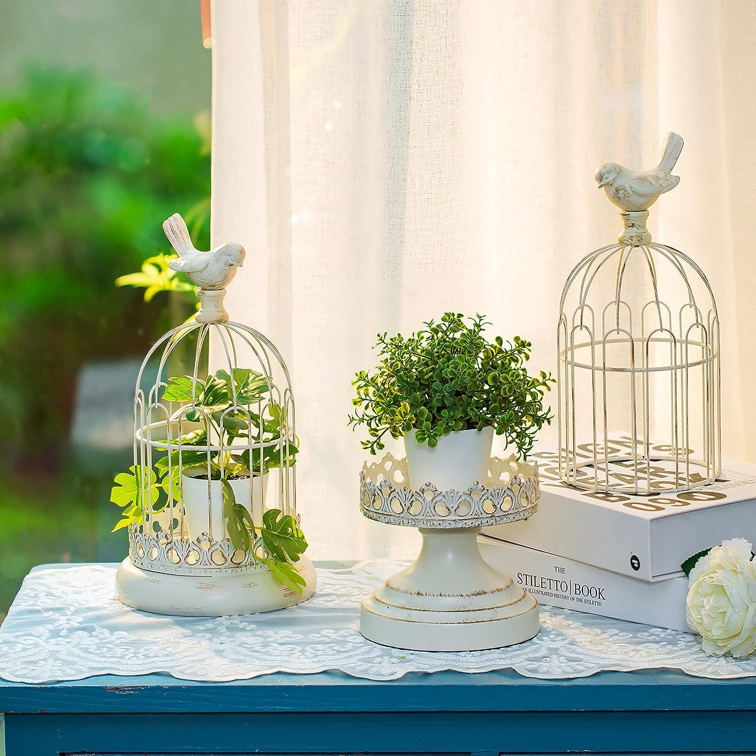 Decorative Candle Holder Bird Cage - Set of 2 Cage Lanterns for Candleholder Shabby Chic Country Home Decoration Table Centerpiece Mantel Decor, 10’’/12’’ Tall, Distressed Ivory