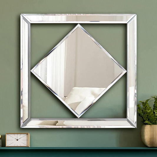 Square Mirrored Wall Decor Decorative Mirror Wall-Mounted Accent Mirrors 12X12” Art Mirror Elegant Bevel in Exquisite Craft. Middle Rhombus Shape