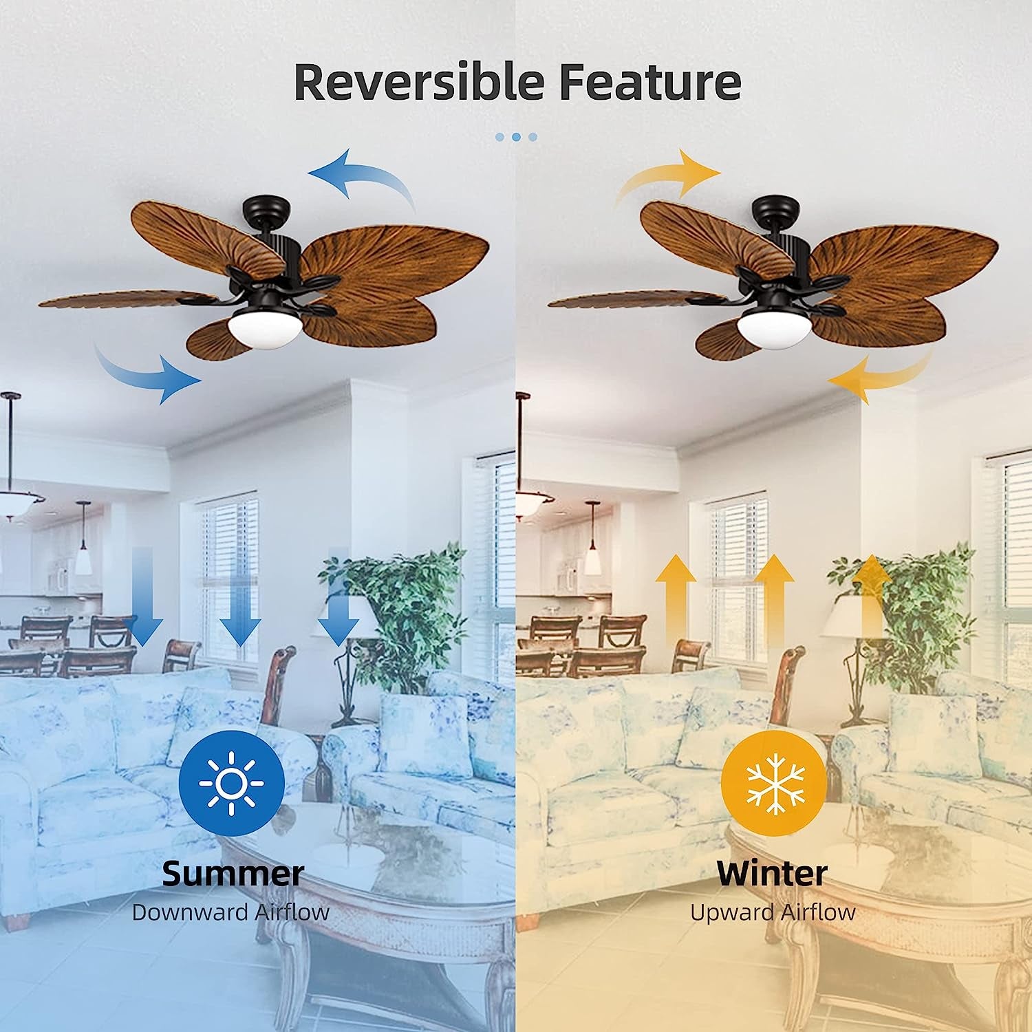 Tropical Ceiling Fan with LED Light and Remote Control 52 Inch Palm Reversible Fan Light with Memory Function 5 Leaf Blades and Balance Clips - Black