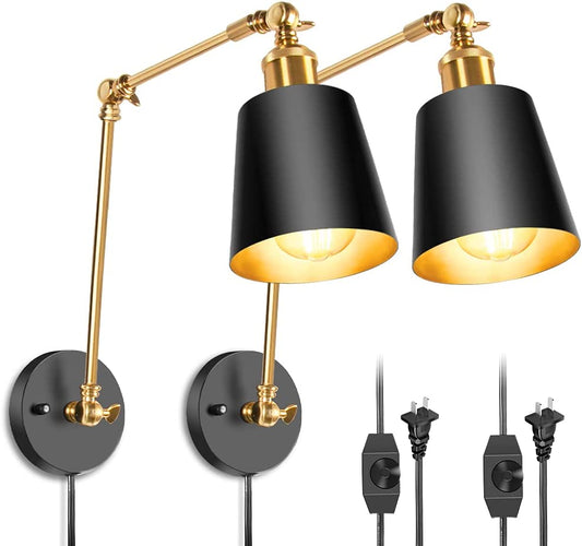 Plug in Wall Sconces Set of 2,  Swing Arm Wall Lamps Black and Brass, Vintage Industrial Wall Mounted Light Fixtures with Dimmable Switch for Bedroom Living Room Vanity Study Desk Office Hallway