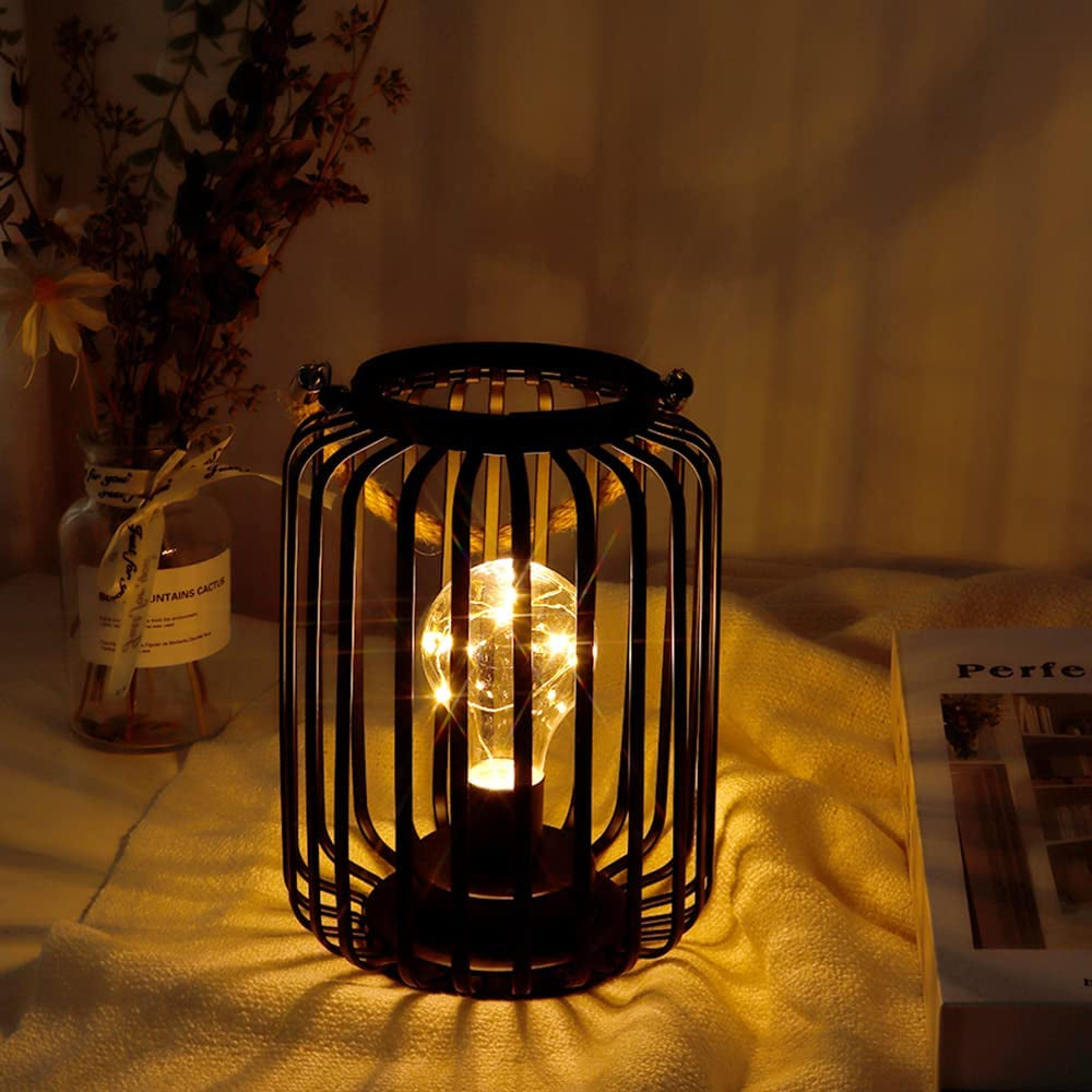 7.5" High Metal Cage Decorative Lamp Battery Powered Cordless Warm White Light with LED Edison Style Bulb Great for Weddings Parties Patio Events Indoors Outdoors with Hemp Rope Handle